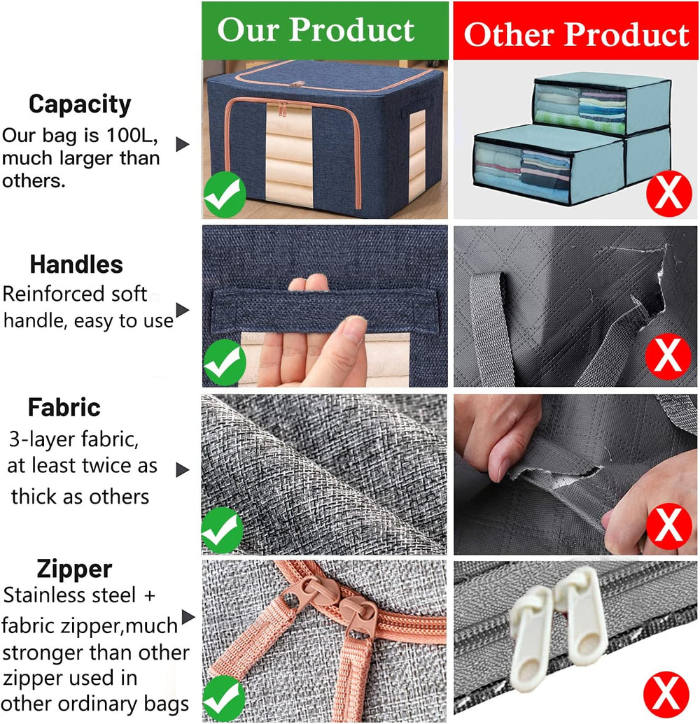100L Large Storage Bags,Stackable Clothes Storage Bins with Hold Shape Metal ...
