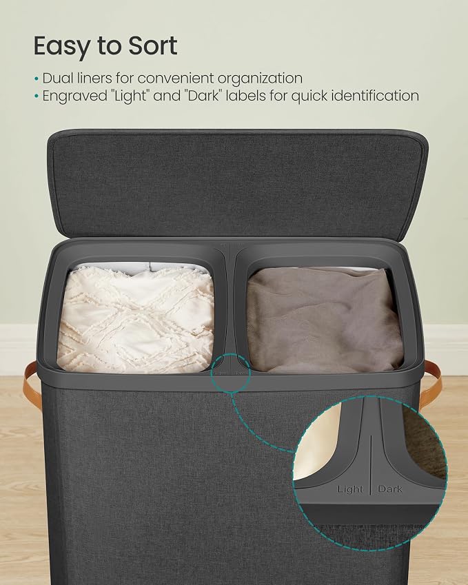 SONGMICS Laundry Basket, 44.9 Gal. Laundry Hamper, 2 Compartments, Easy Assembly