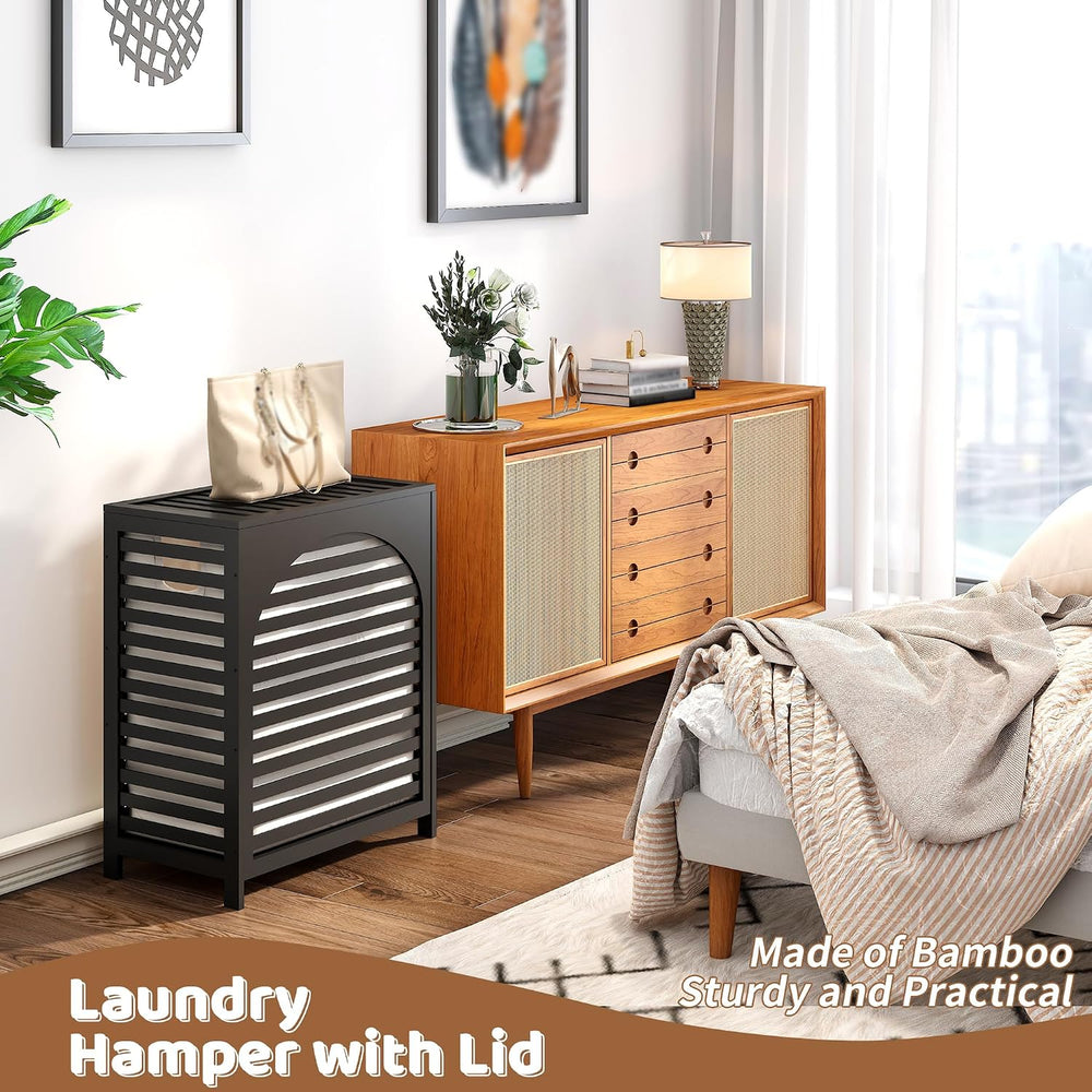 Laundry Hamper with Lid, Bamboo with Handles and Removable Liner Bag, 125L La...
