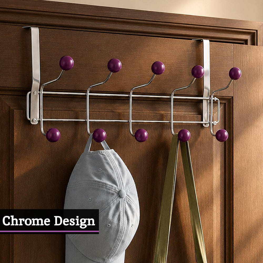 Premier Purple Over Door Coat Hooks - 10 Hooks, Chrome Finish, Modern Minimal...