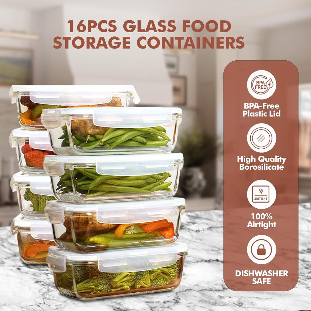Razab 16 Pc (Set of 8) 30 Oz Glass Meal Prep Containers with Lids, Airtight L...