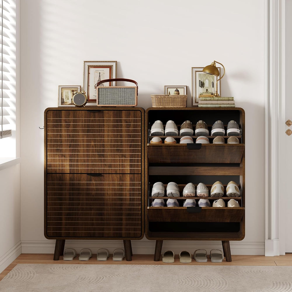 3imothrix Fluted Shoe Cabinet for Entryway with 2 Flip Drawers, Walnut