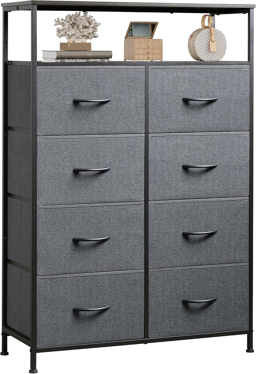 WLIVE 8 Drawer Fabric Dresser Open Shelves, Tall Bedroom Chest, Dark Grey
