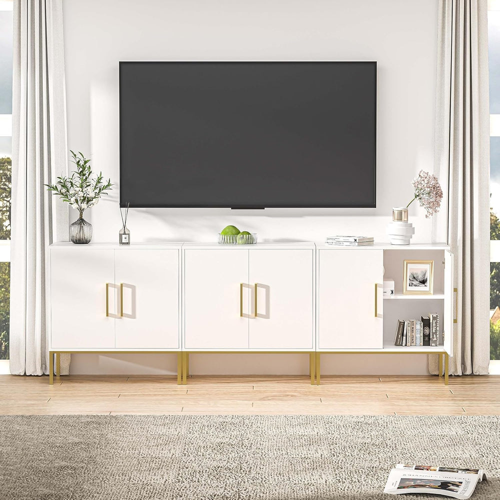 Set of 3 Storage Cabinets with Adjustable Shelf and Gold Handle, White丨Buffet...