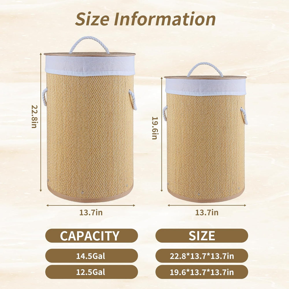 2 Pack Foldable Bamboo Laundry Hamper with Lid, Tall Storage Basket