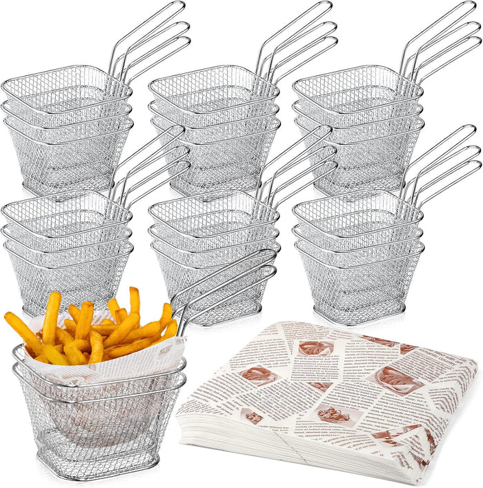 Potchen 220 Pcs Mini Square Fry Baskets, Metal Serving Baskets with Liners
