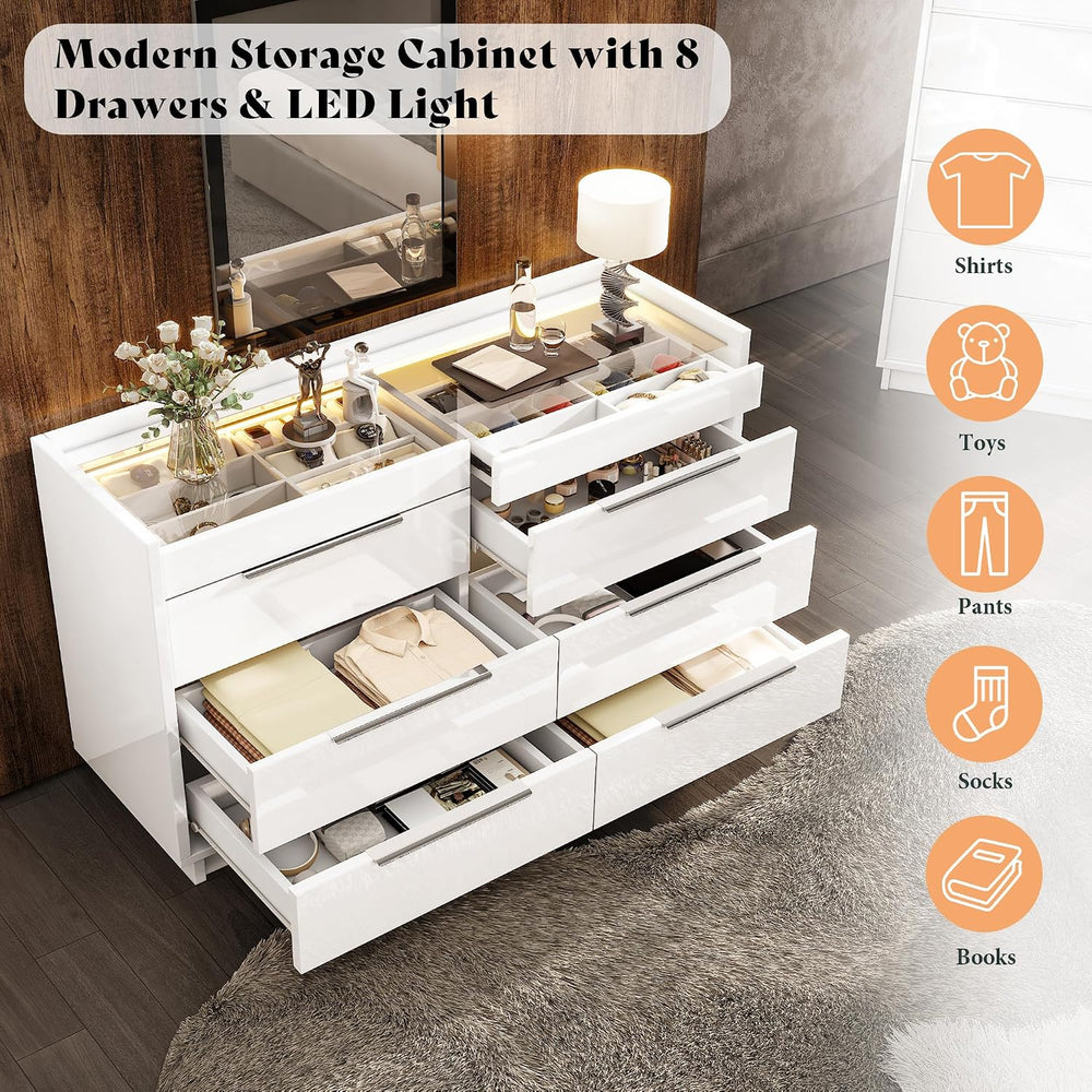 AMERLIFE 47.2" W 8-Drawer Dresser with Glass Top, High Gloss, White