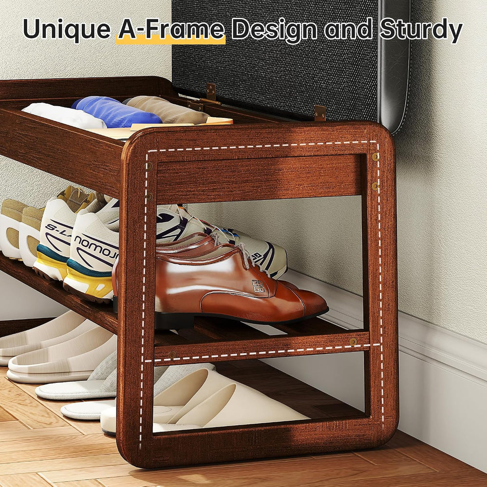 Shoe Rack Bench with Flip-Top Storage, Solid Rubberwood 2-Tier Shoe Organizer...