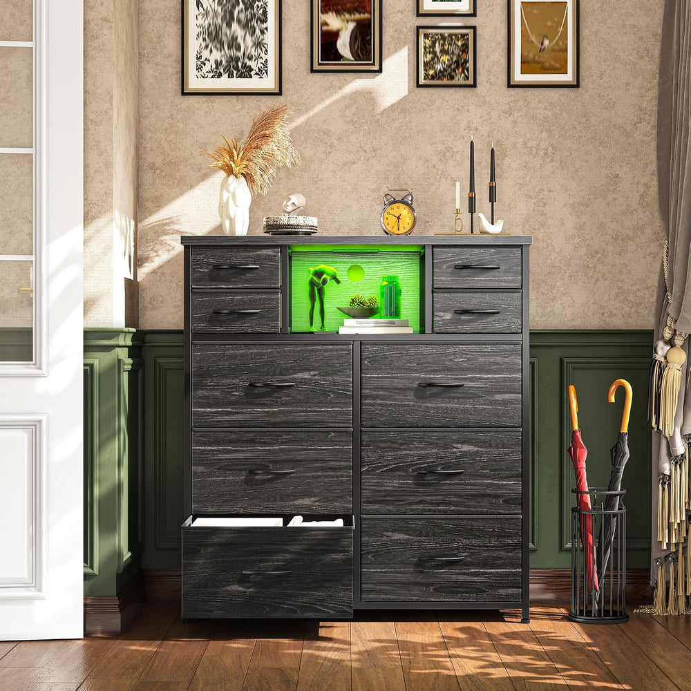 Romorgniz Black Dresser for Bedroom with 10 Drawers, LED & Charging Station
