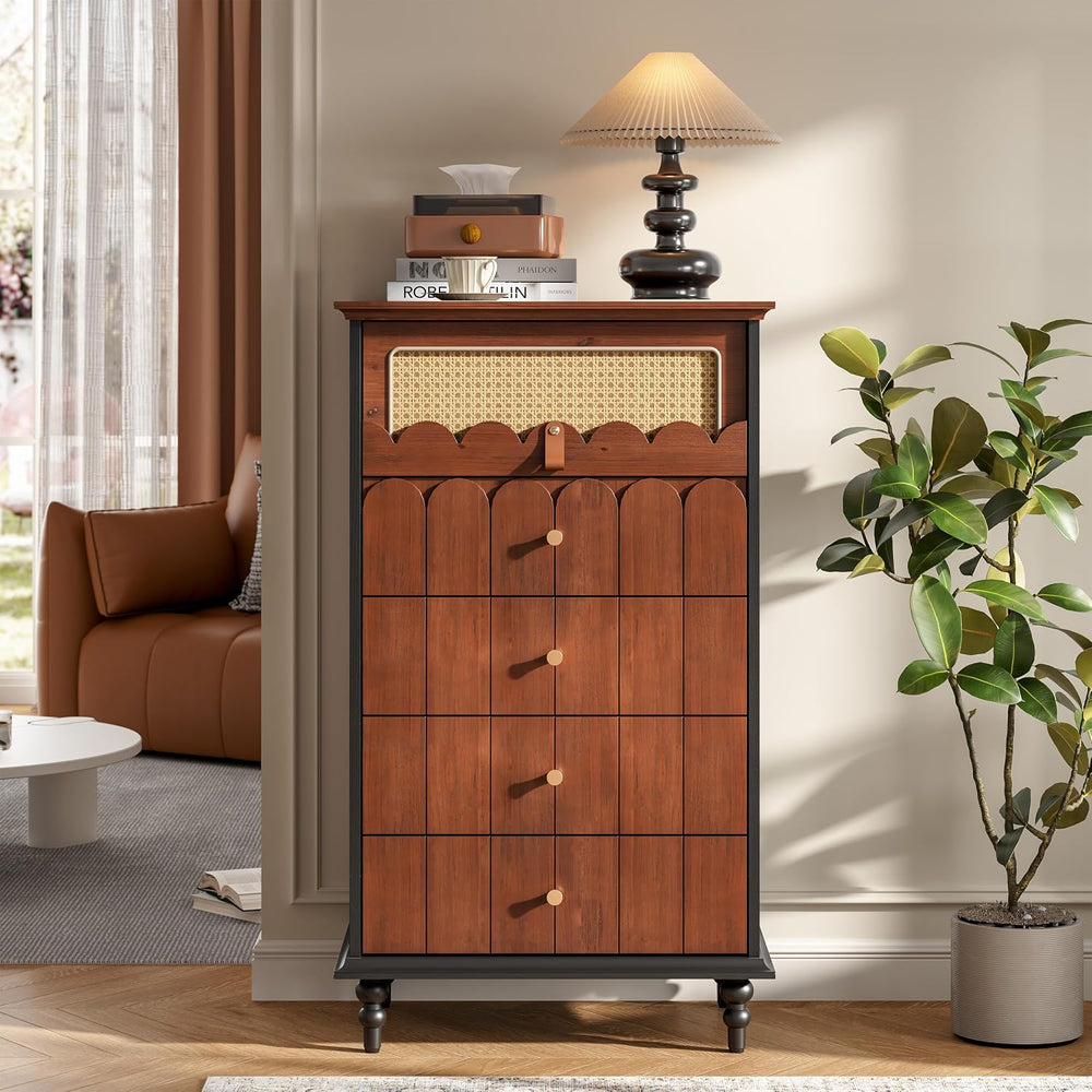 Vintage Wooden Storage Unit with Solid Wood Drawer Fronts and Rattan Accent, ...