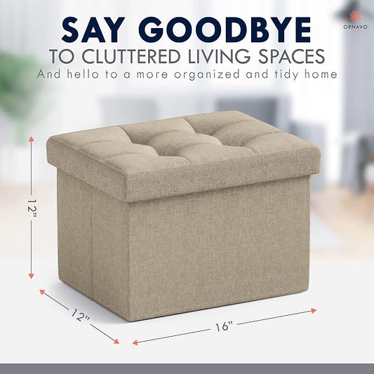 Ornavo Home Small Storage Ottoman Foldable Collapsible Rectangle Linen Ottoman - Image 2