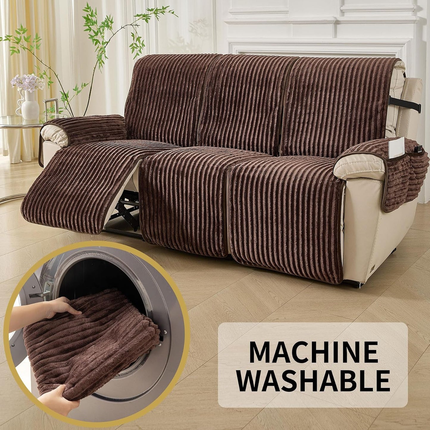 HAOMAIJIA Waterproof Recliner Couch Cover Non-Slip Reclining Couch Covers Faux Fur Soft Thick Washable Recliner Sofa Covers 3 Seater Furniture Protector with Elastic for Dogs pet (Brown, 3 Seater)