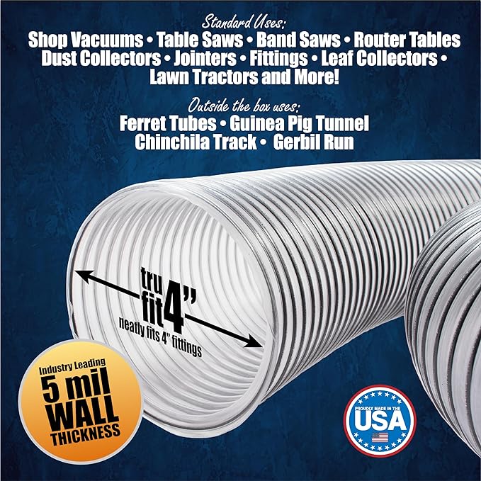 PVC Dust Collection Hose w/4 Thumbscrew Clamps, Puncture Resistant, Carbon - Image 6