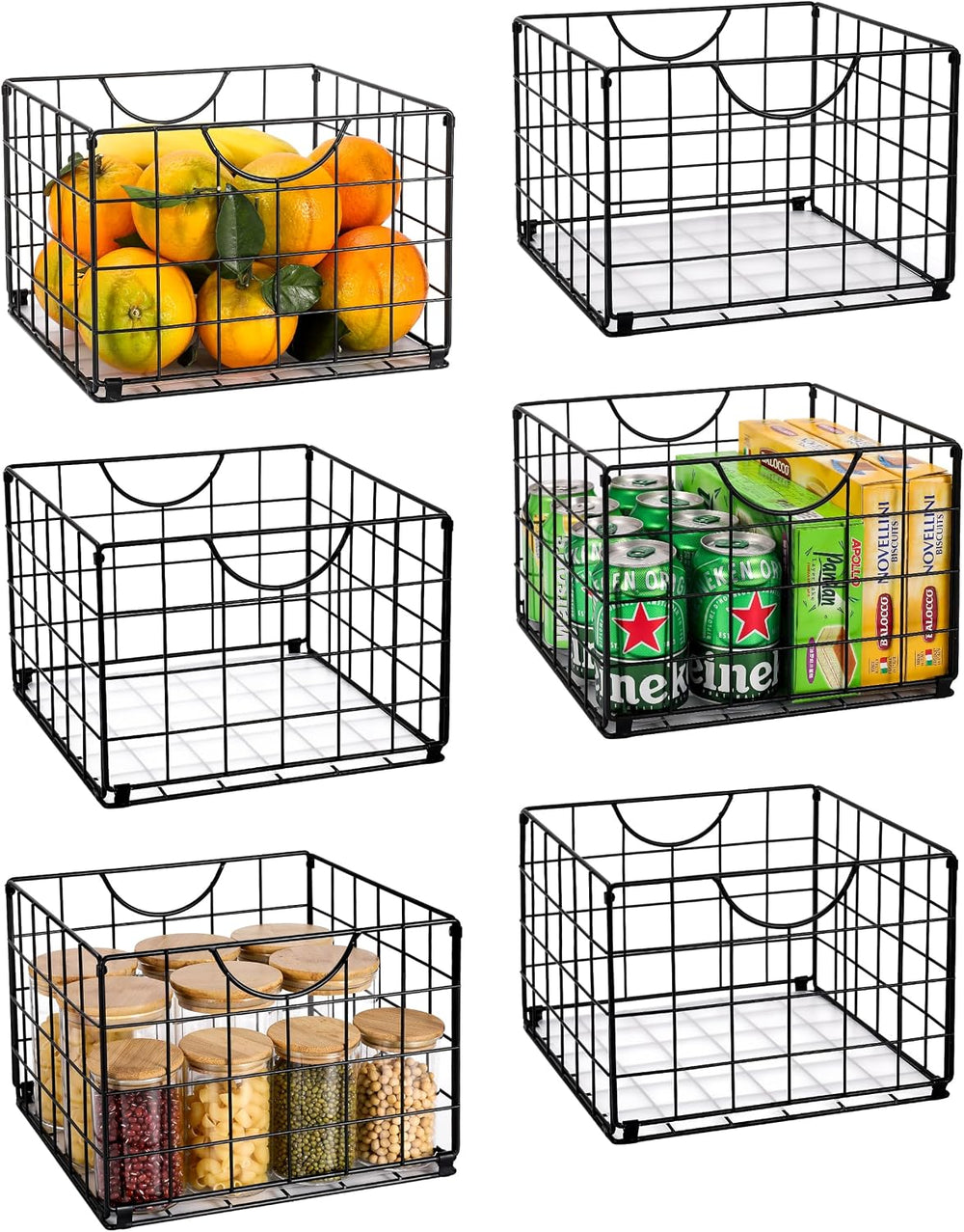 Metal Wire Basket Organizer Foldable Set of 6, Food Storage Mesh Bin with PVC...