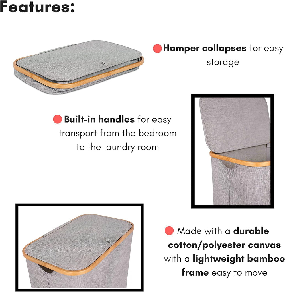 BirdRock Home Bamboo & Canvas Hamper | Single Laundry Basket with Lid | F...