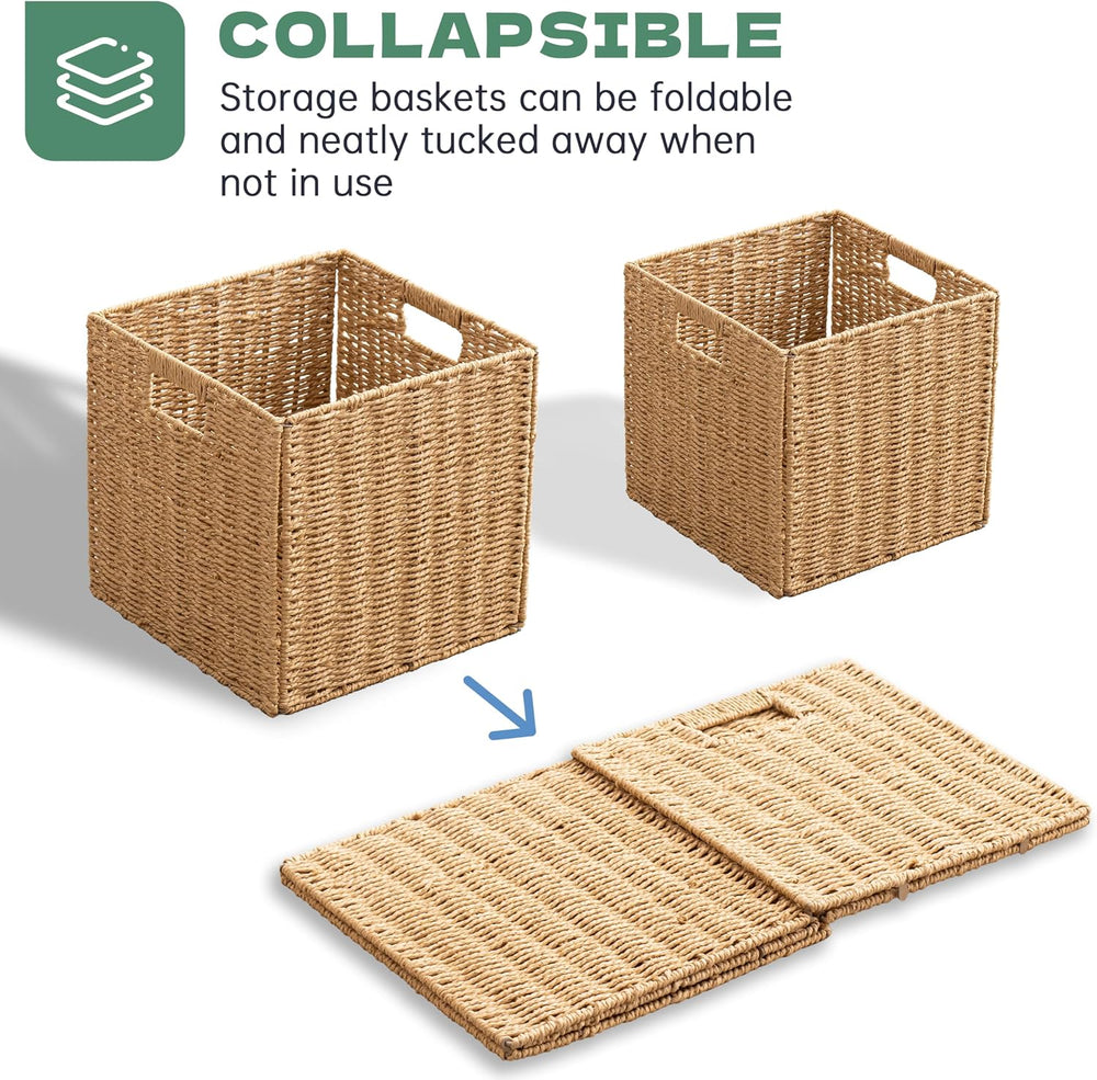 13x13x13 Storage Cube Bins Set of 4, Paper Rope Hand Woven Storage Basket wit...