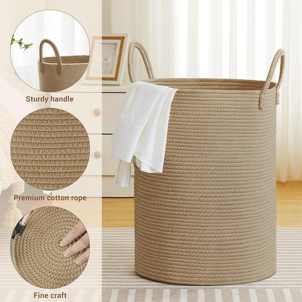 100L Extra Large Tall Cotton Rope Laundry Basket with Handles, Jute