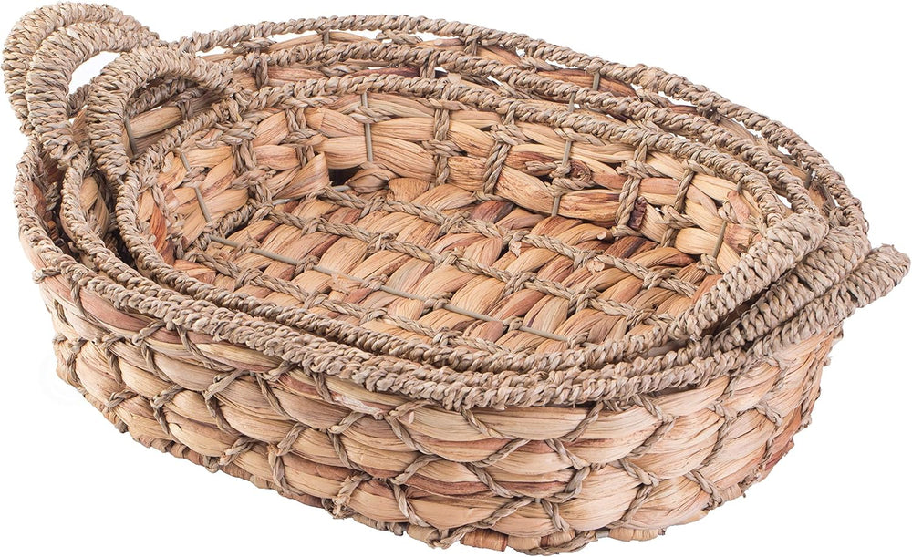 Seagrass Rattan Tray Set of 3 – Round and Rectangular Wicker Shallow Baskets ...