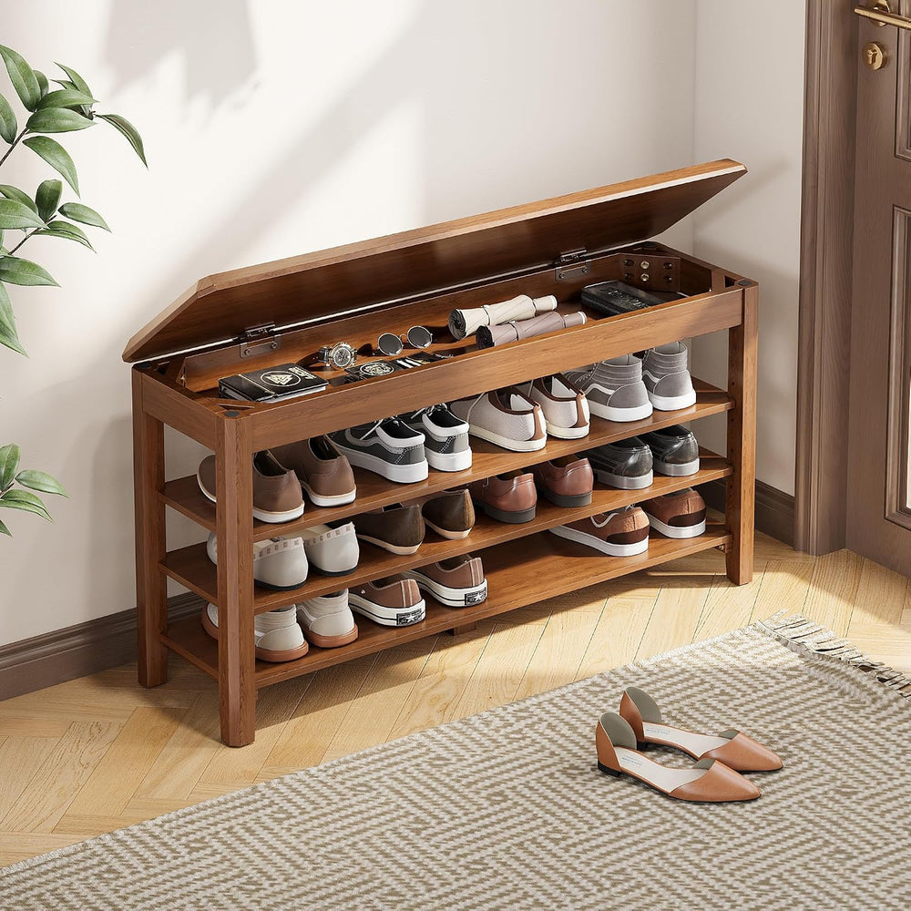 IUNVR Shoe Rack Bench Seat Rubberwood 3-Tier Wooden Storage Bench 550lbs Comp...
