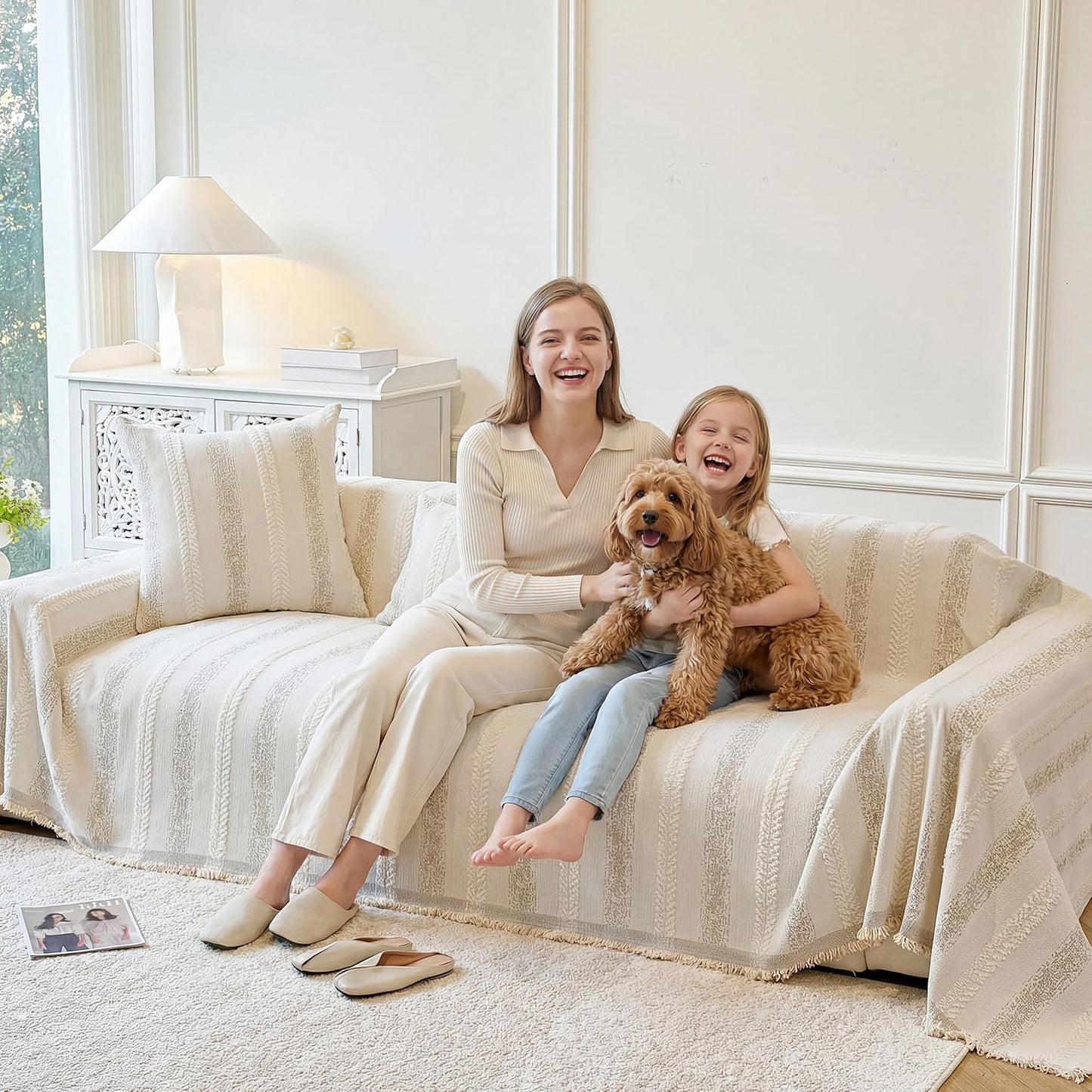 Couch Cover for Dogs Washable Sofa Cover, Sectional Couch Covers, Sofa Covers for 2 Cushion Couch, Non Slip Stripe Sofa Slipcovers Furniture Protector (Beige, 71x102)