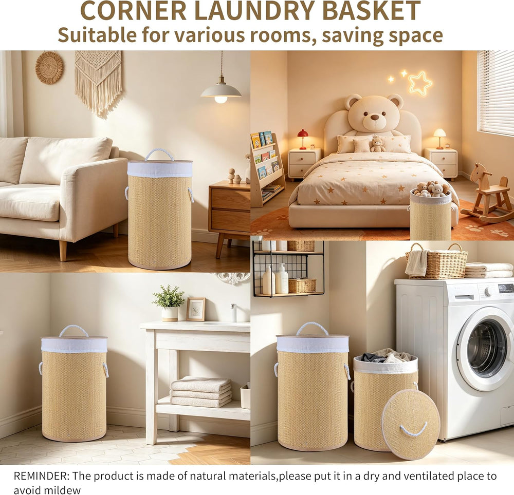 2 Pack Foldable Bamboo Laundry Hamper with Lid, Tall Storage Basket