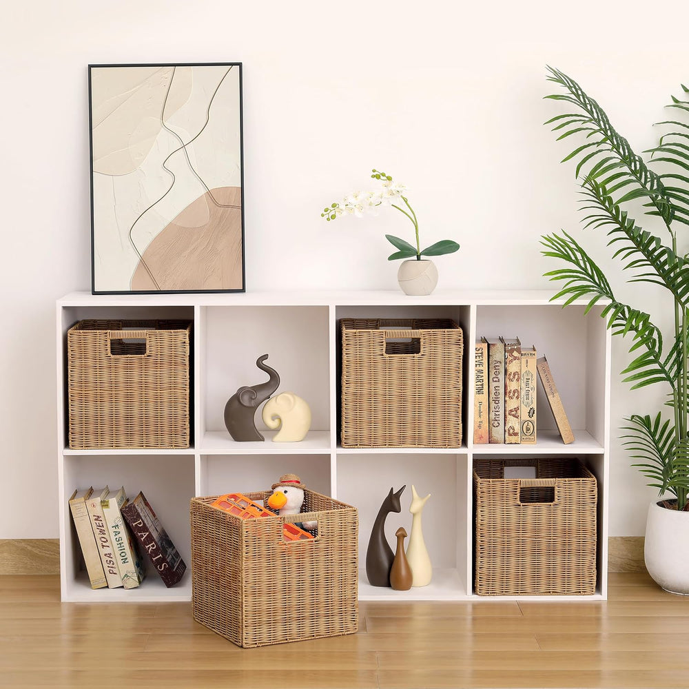 12x12inch Plastic Wicker Cube Baskets Large Foldable Handwoven,4 Pack,Khaki