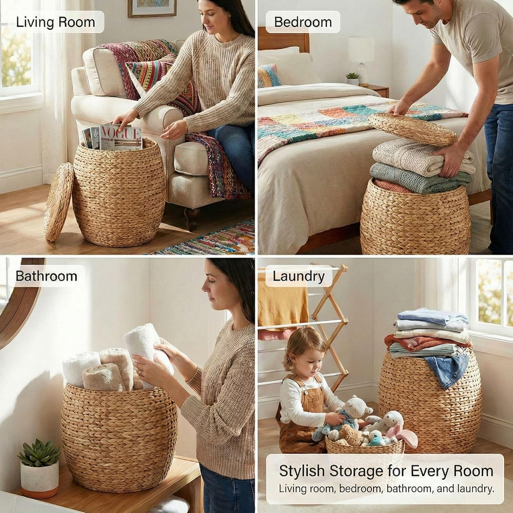 DEILSY™ Natural Round Water Hyacinth Storage Basket with Lid - Multipurpose W...