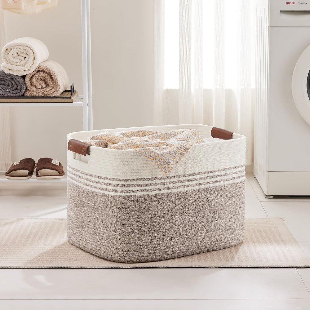 100L Large Woven Laundry Basket Hamper with Leather Handles,Brown
