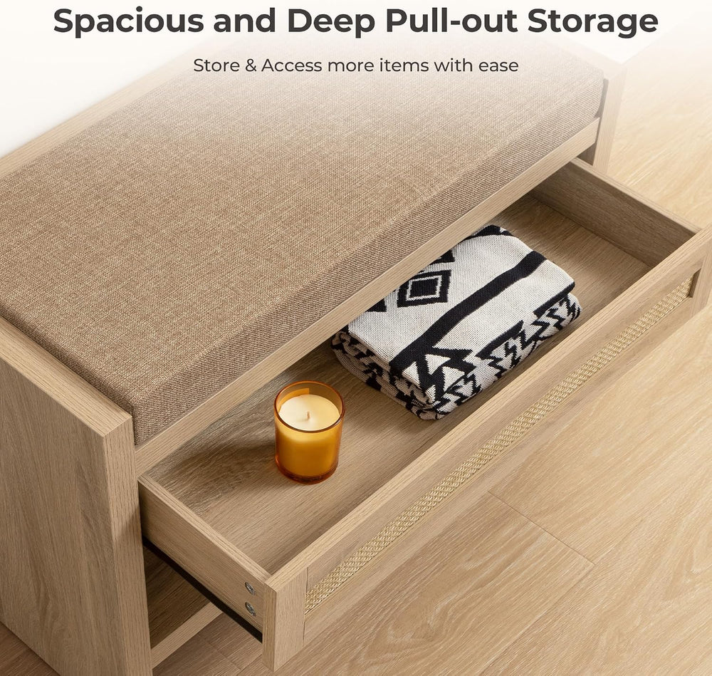 SICOTAS Rattan Shoe Bench Entryway Bench with Storage Drawer, Linen Cushion