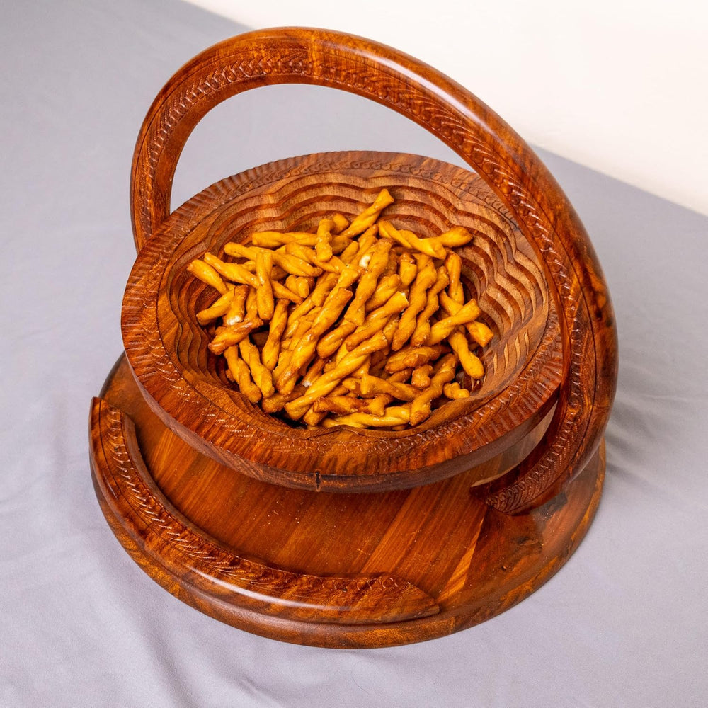 Handmade 12″ Collapsible Wooden Basket, Single Bowl Flower Design in Himalaya...