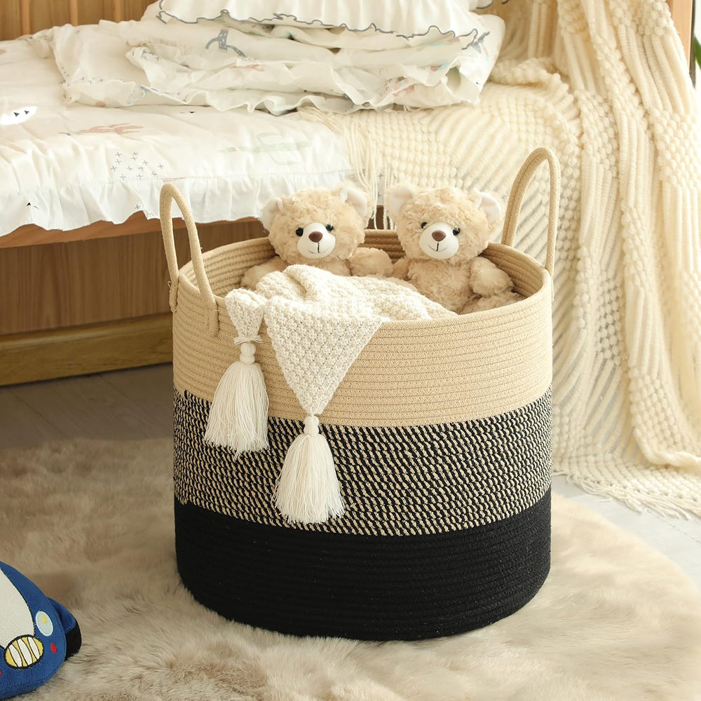 KAKAMAY Woven Cotton Rope Basket, Large Round Storage Basket, Foldable Laundr...
