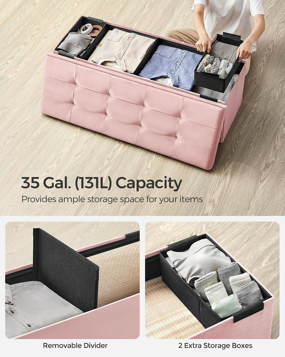 SONGMICS Storage Ottoman Bench, 43.3 Inches Velvet Foldable Foot Rest