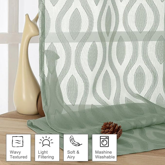 Aiyufeng Sheer Curtains 63 Inch Length 2 Panels Set, Solid Green Airy Light - Image 2