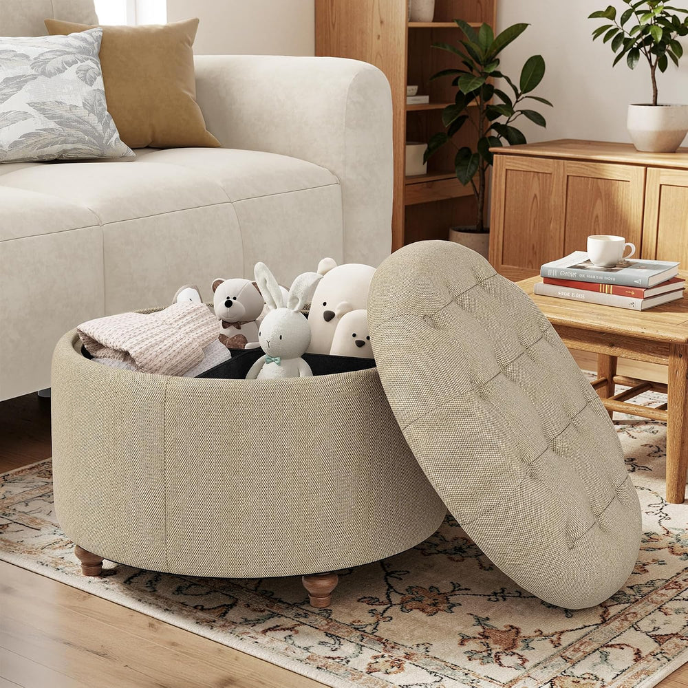 25" Round Ottoman with Storage, Small Coffee Table with Reversible Tray Lid