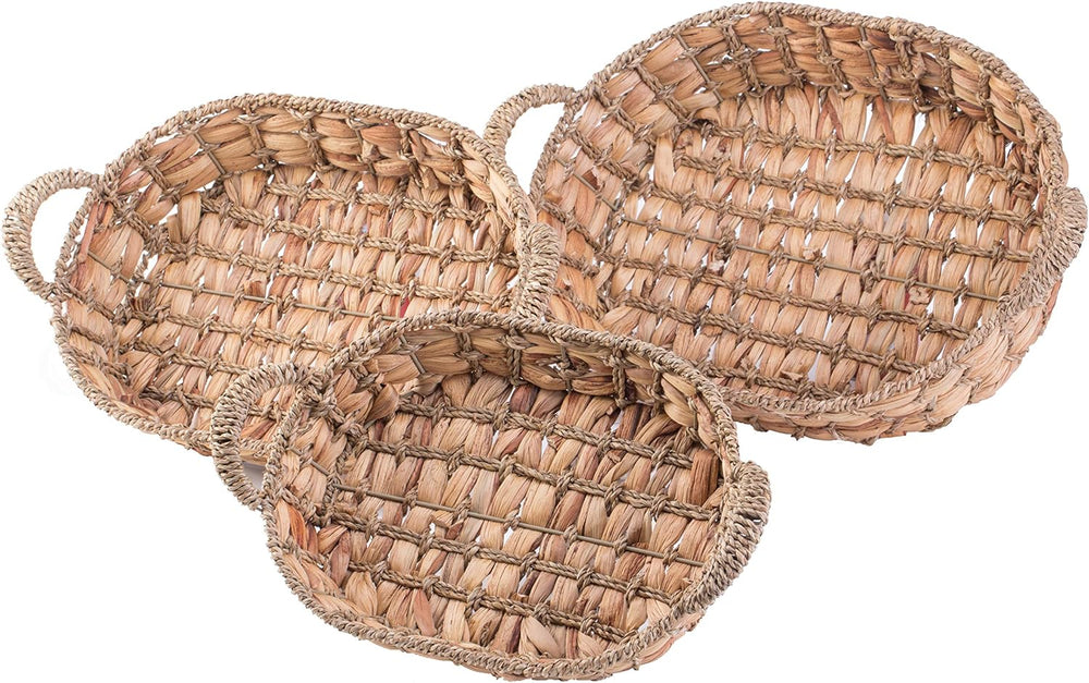 Seagrass Rattan Tray Set of 3 – Round and Rectangular Wicker Shallow Baskets ...