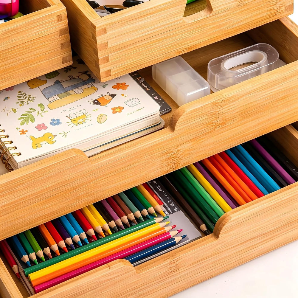 DEAYOU Bamboo Desk Organizer, 100% Natural Bamboo Desktop Drawer Organizer, T...