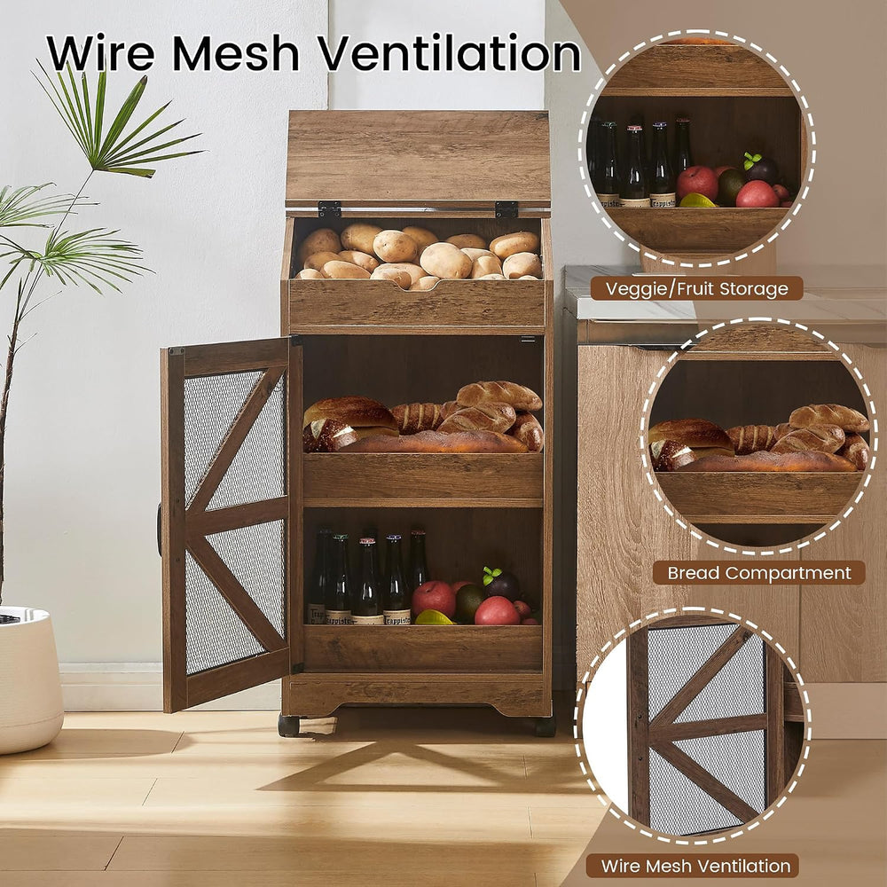 Potato Storage Bin, Movable Potato and Onion Storage Bin for Pantry(Walnut)