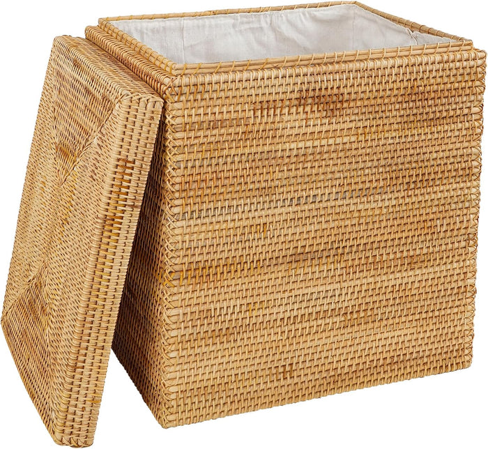 Rectangular Woven Laundry Basket with Lid, Handwoven Natural Autumn Rattan Decorative Storage Basket with Built-In Liner and Handles for Bedroom, Bathroom, Closet and Laundry Room