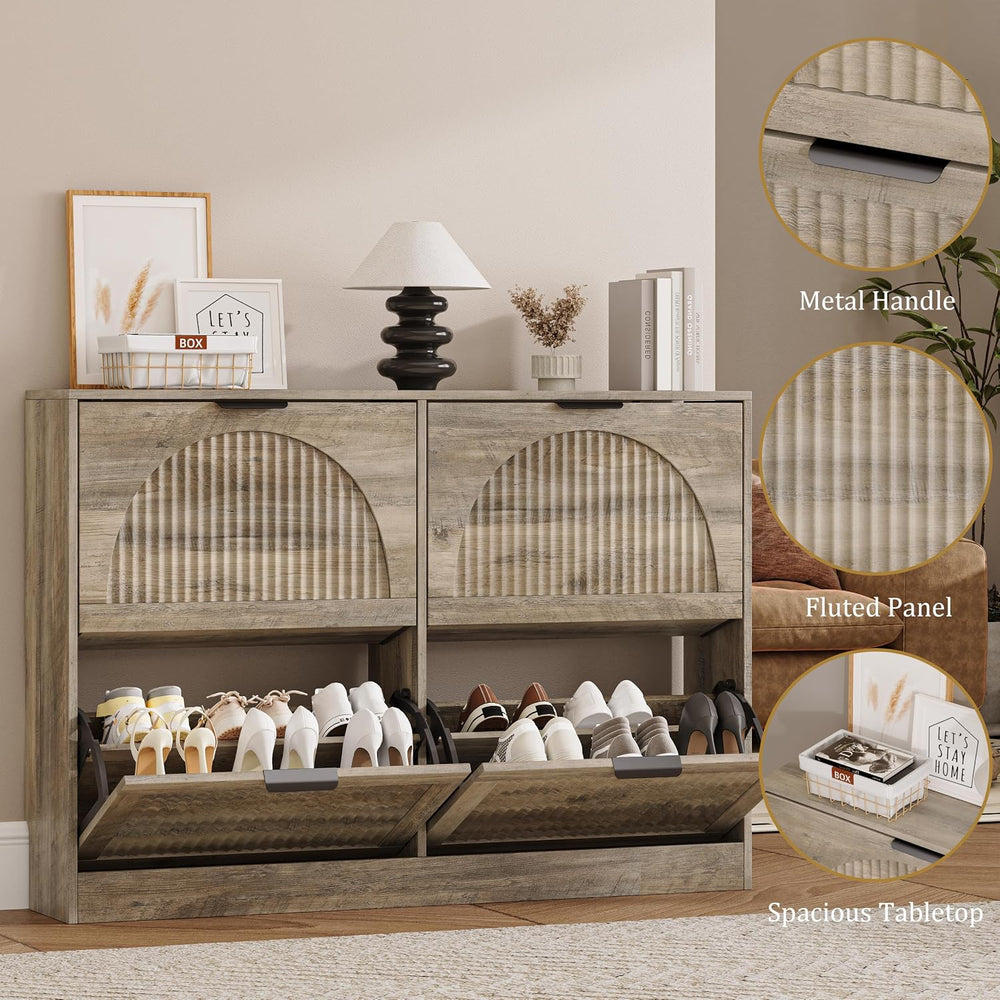 Fluted Shoe Storage Cabinet for Entryway, 4 Flip Drawers, Grey