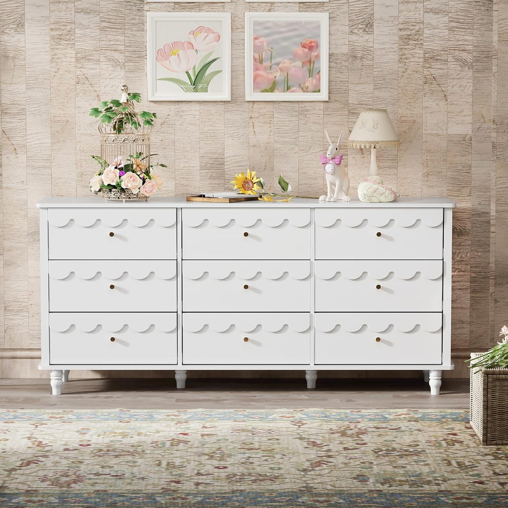 Anbuy Scalloped Dresser for Bedroom White 9 Drawer Dresser, Long Scalloped Ch...