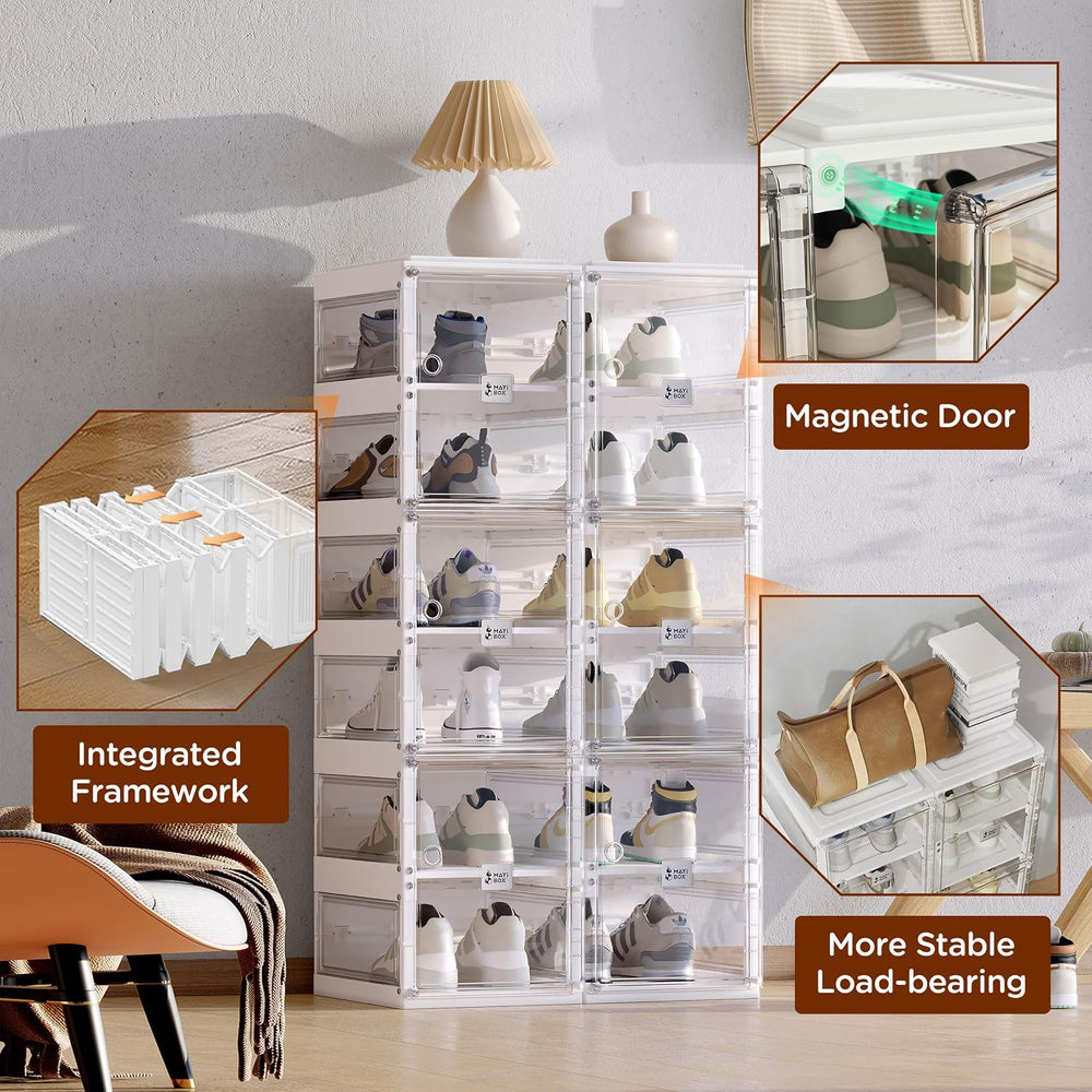 ANTBOX Collapsible Shoe Boxes Clear Plastic Stackable, Quick Setup Drop Front...