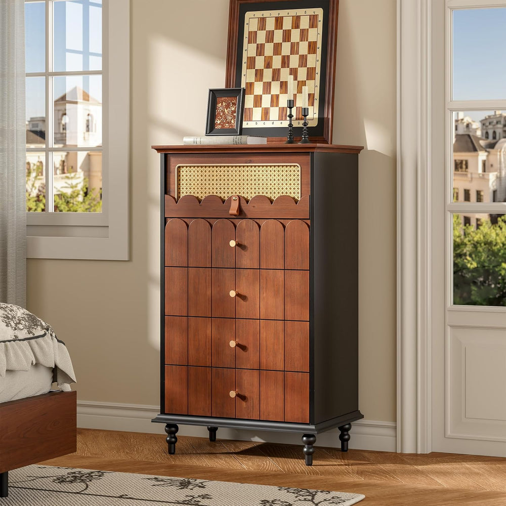 Vintage Wooden Storage Unit with Solid Wood Drawer Fronts and Rattan Accent, ...