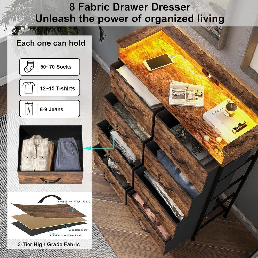 Tall Dresser for Bedroom with Charge Station 8 Drawers Dresser with LED Light...