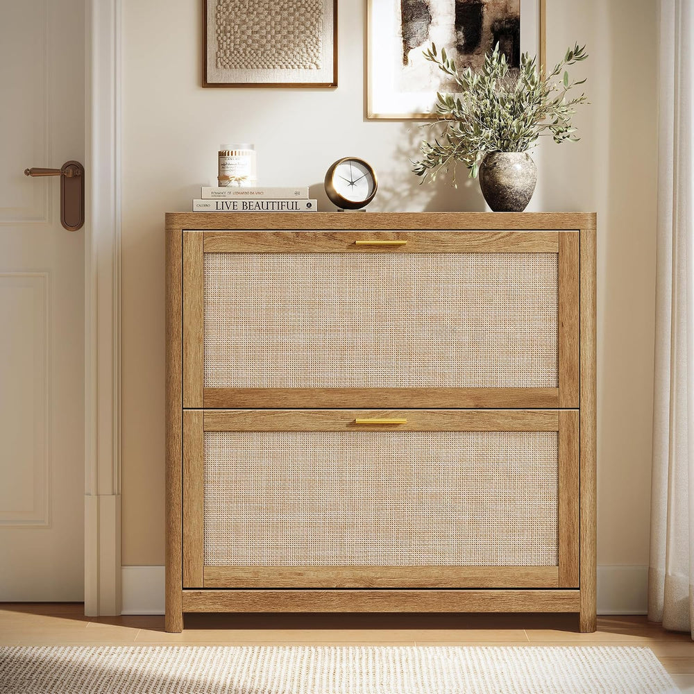 VASAGLE Boho Shoe Storage Cabinet, Slim, Rattan-Look Flip Drawers