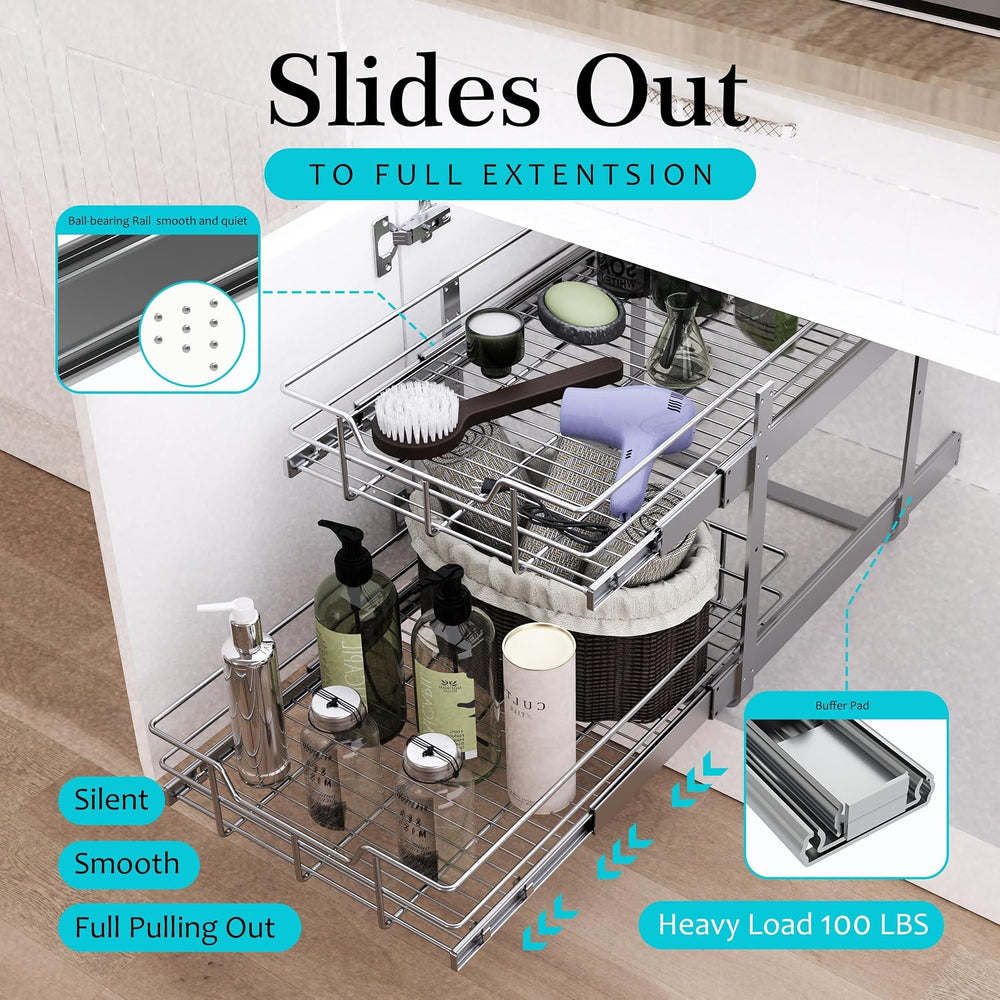 2 Tier Pull Out Cabinet Organizer 11" W X 22" D, Chromed, Full Slid...