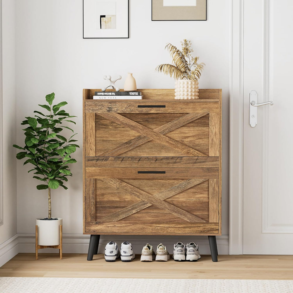 Homleke Farmhouse Shoe Storage Cabinet with Flip Drawers & Barn Door Design