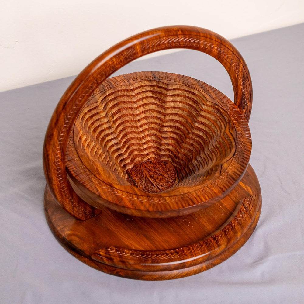 Handmade 12″ Collapsible Wooden Basket, Single Bowl Flower Design in Himalaya...