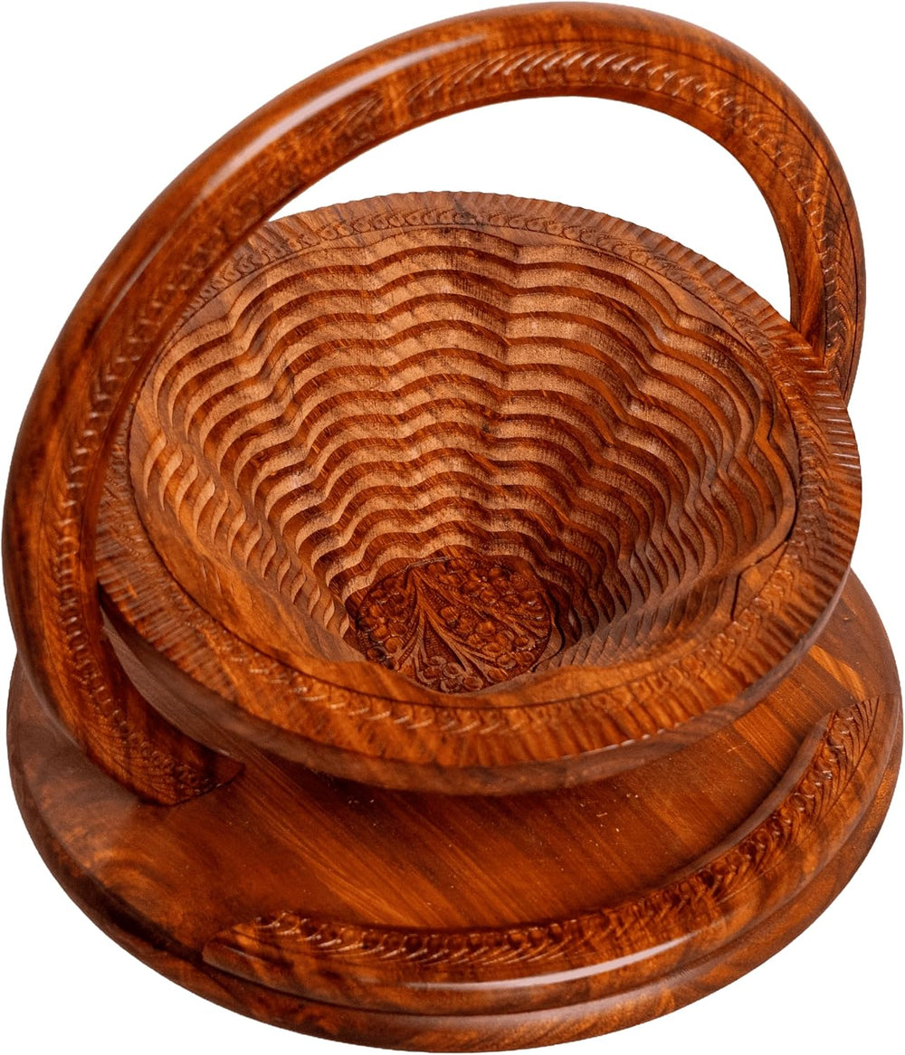 Handmade 12″ Collapsible Wooden Basket, Single Bowl Flower Design in Himalaya...