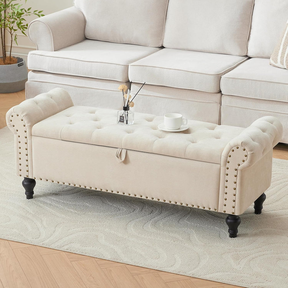 51" Storage Bench for Bedroom, Upholstered Ottoman Bench, Chenille Beige