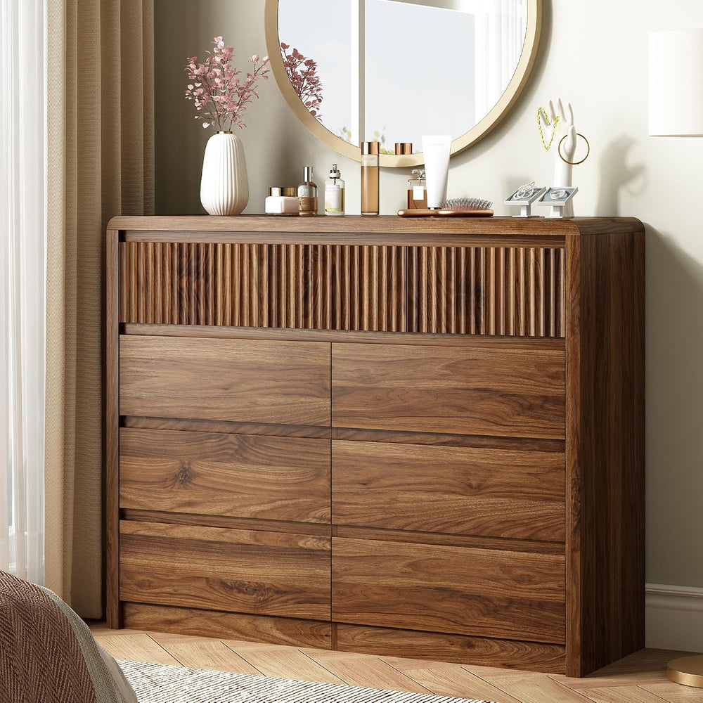 LYNSOM Walnut Fluted 9 Drawer Dresser for Bedroom, Curved Edge, 50" Wide